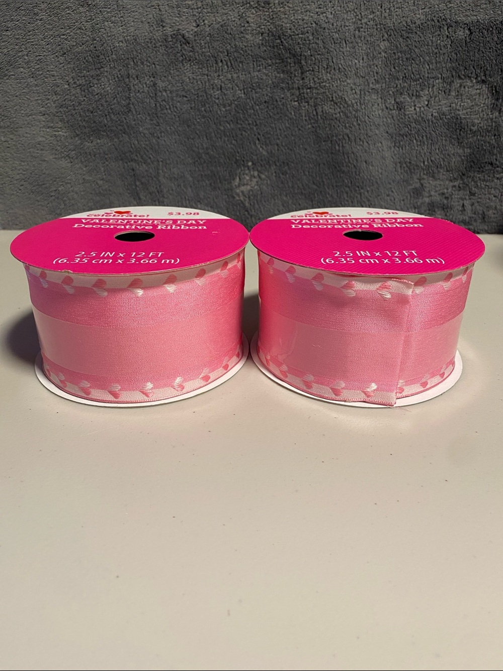 Set of 2 NWT Pink Heart Valentines Day Ribbon Spools